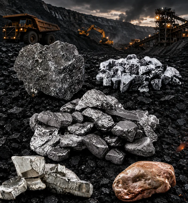 Piles of critical mineral ore including lithium, nickel and copper at an active mine site