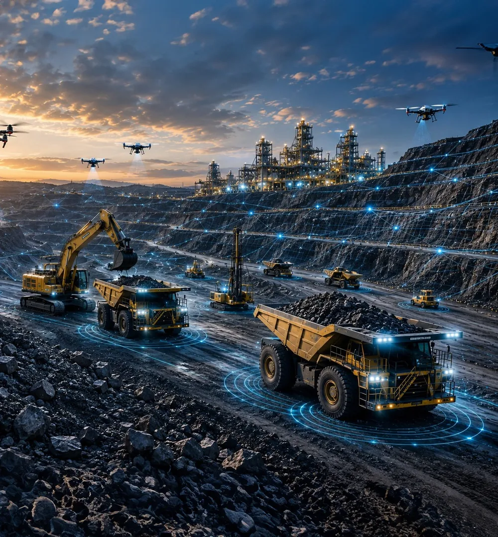 AI-connected autonomous mining equipment at dusk, representing ambition and forward-looking innovation