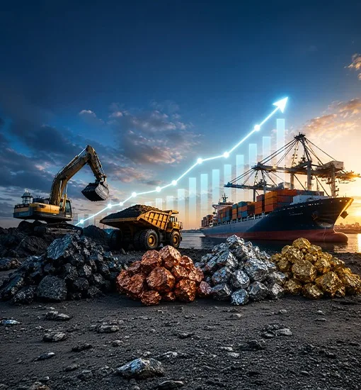 A rising growth chart over mineral ore stockpiles and a cargo ship at port, representing mining investment and trade