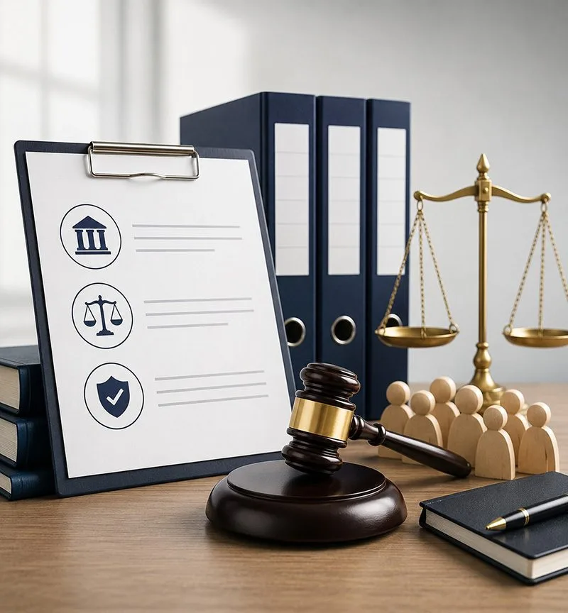 Policy documents, a gavel and scales of justice on a desk