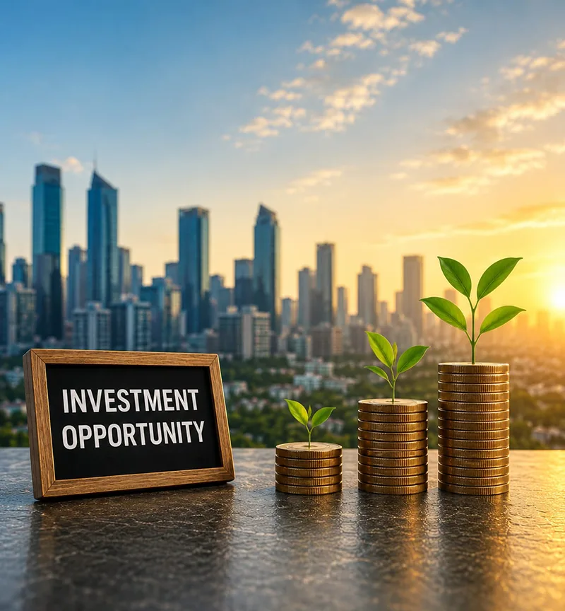 Stacked coins sprouting seedlings against a city skyline beside an "Investment Opportunity" sign, representing capital and professional services